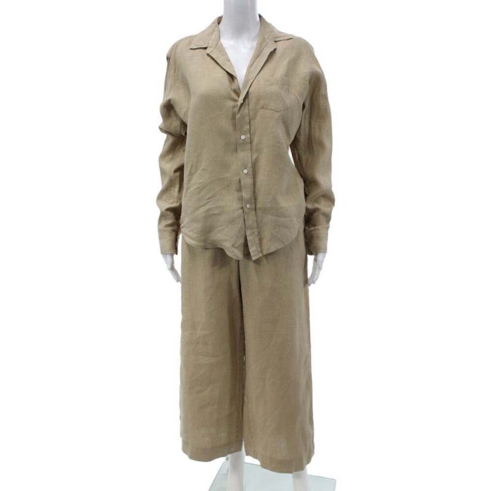 Frank & Eileen Womens Linen Button Down Blouse Pant Set Beige Size Extra Small